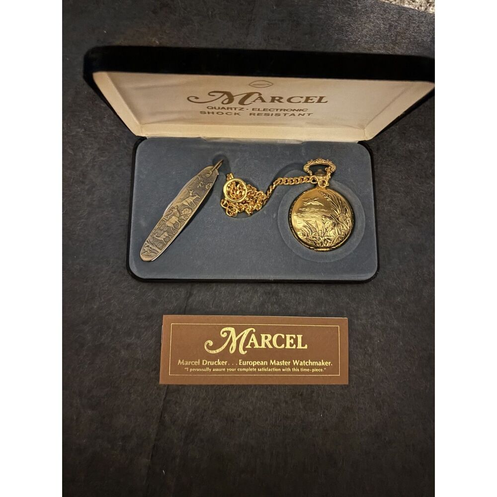 VTG. MARCEL 17 Jewel Swiss Made Pocket Watch & Chain in with matching pocket kn